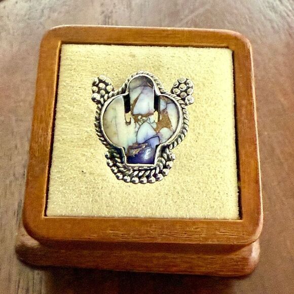 Western Purple Dahlia Turquoise Cactus Boho Statement Ring Sterling Silver Sz 6 - Picture 1 of 8